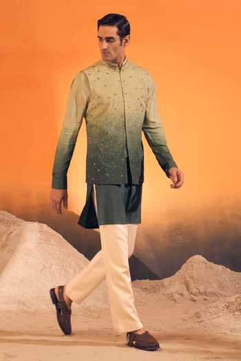 Buy Philocaly Green Silk, Cotton Embroidery, Mirrors Aek Ombre Bundi With Kurta Online at Aza Fashions Buy_Philocaly_Green Silk, Cotton Embroidery, Mirrors Aek Ombre Bundi With Kurta _Online_at_Aza_Fashions
