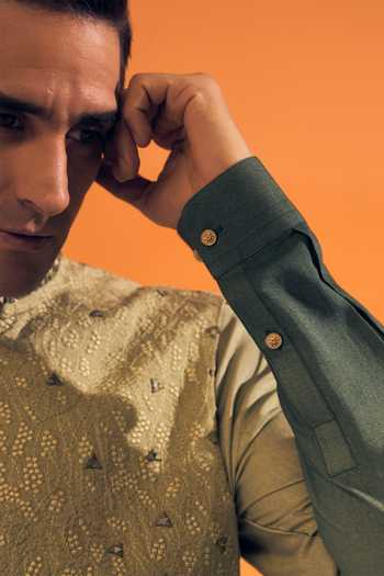 Shop Philocaly Green Silk, Cotton Embroidery, Mirrors Aek Ombre Bundi With Kurta Online at Aza Fashions Shop_Philocaly_Green Silk, Cotton Embroidery, Mirrors Aek Ombre Bundi With Kurta _Online_at_Aza_Fashions