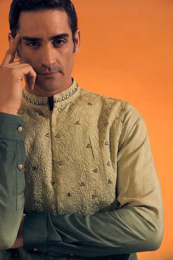 Philocaly Green Silk, Cotton Embroidery, Mirrors Aek Ombre Bundi With Kurta at Aza Fashions Philocaly_Green Silk, Cotton Embroidery, Mirrors Aek Ombre Bundi With Kurta _at_Aza_Fashions