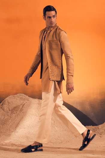 Philocaly Brown Silk, Cotton, Satin Embroidery, Mirrors Mirage Bundi With Kurta Set Online at Aza Fashions Philocaly_Brown Silk, Cotton, Satin Embroidery, Mirrors Mirage Bundi With Kurta Set _Online_at_Aza_Fashions