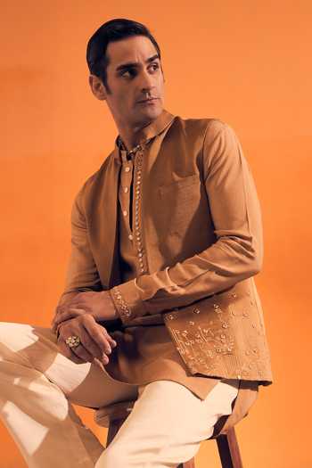 Buy Philocaly Brown Silk, Cotton, Satin Embroidery, Mirrors Mirage Bundi With Kurta Set Online at Aza Fashions Buy_Philocaly_Brown Silk, Cotton, Satin Embroidery, Mirrors Mirage Bundi With Kurta Set _Online_at_Aza_Fashions