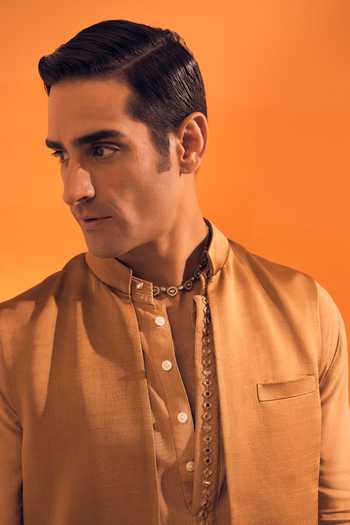 Shop Philocaly Brown Silk, Cotton, Satin Embroidery, Mirrors Mirage Bundi With Kurta Set Online at Aza Fashions Shop_Philocaly_Brown Silk, Cotton, Satin Embroidery, Mirrors Mirage Bundi With Kurta Set _Online_at_Aza_Fashions
