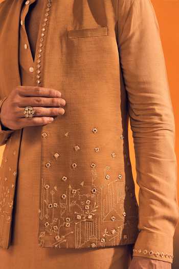 Philocaly Brown Silk, Cotton, Satin Embroidery, Mirrors Mirage Bundi With Kurta Set at Aza Fashions Philocaly_Brown Silk, Cotton, Satin Embroidery, Mirrors Mirage Bundi With Kurta Set _at_Aza_Fashions