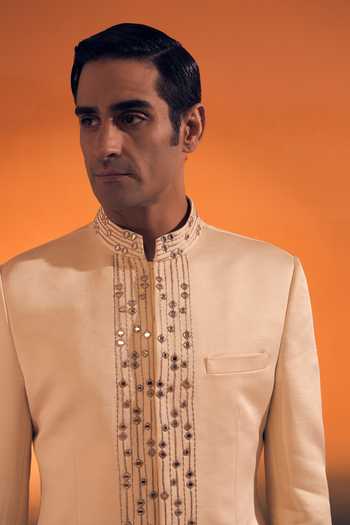 Shop Philocaly Ivory , , Zari, Mirrors Linea Embroidered Bandhgala Online at Aza Fashions Shop_Philocaly_Ivory , , Zari, Mirrors Linea Embroidered Bandhgala _Online_at_Aza_Fashions