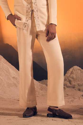 Philocaly Ivory Silk Satin, Cotton, Tussar Zari, Mirrors Linea Embroidered Bandhgala Set Online at Aza Fashions Philocaly_Ivory Silk Satin, Cotton, Tussar Zari, Mirrors Linea Embroidered Bandhgala Set _Online_at_Aza_Fashions