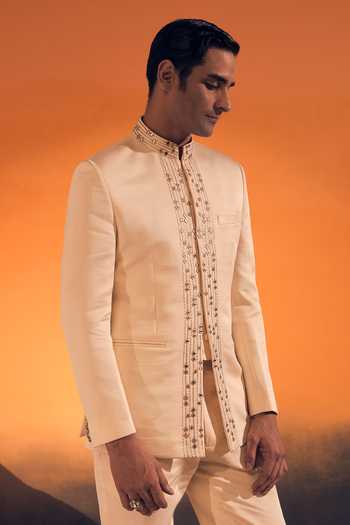 Buy Philocaly Ivory Silk Satin, Cotton, Tussar Zari, Mirrors Linea Embroidered Bandhgala Set Online at Aza Fashions Buy_Philocaly_Ivory Silk Satin, Cotton, Tussar Zari, Mirrors Linea Embroidered Bandhgala Set _Online_at_Aza_Fashions