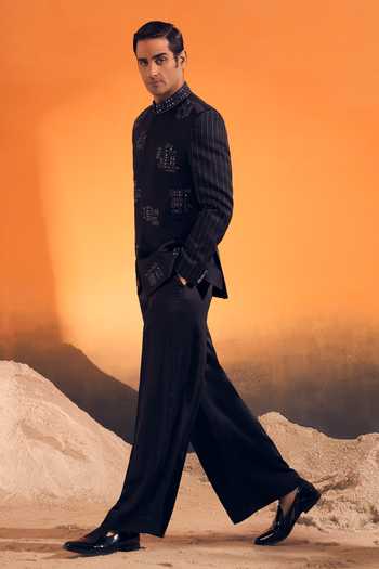 Philocaly Black Silk Satin Embroidery, Zari, Mirrors Ash Bandhgala at Aza Fashions Philocaly_Black Silk Satin Embroidery, Zari, Mirrors Ash Bandhgala _at_Aza_Fashions