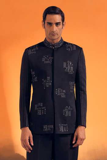 Buy Philocaly Black Silk Satin Zari, Mirrors Ash Embroidered Bandhgala Set Online at Aza Fashions Buy_Philocaly_Black Silk Satin Zari, Mirrors Ash Embroidered Bandhgala Set _Online_at_Aza_Fashions
