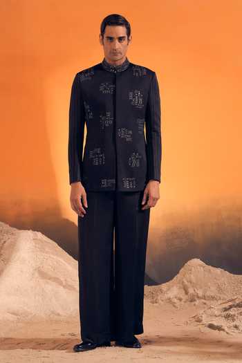 Buy Philocaly Black Silk Satin Zari, Mirrors Ash Embroidered Bandhgala Set Buy_Philocaly_Black Silk Satin Zari, Mirrors Ash Embroidered Bandhgala Set