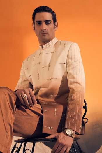 Philocaly Brown Silk Satin Zari, Mirrors Ehan Ombre Embroidered Bandhgala at Aza Fashions Philocaly_Brown Silk Satin Zari, Mirrors Ehan Ombre Embroidered Bandhgala _at_Aza_Fashions