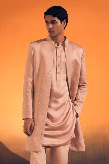 Philocaly Pink Silk, Satin Rosh Embroidered Jacket With Kurta Online at Aza Fashions Philocaly_Pink Silk, Satin Rosh Embroidered Jacket With Kurta _Online_at_Aza_Fashions
