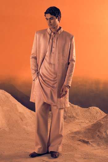 Shop Philocaly Pink Silk, Satin Rosh Embroidered Jacket With Kurta Online at Aza Fashions Shop_Philocaly_Pink Silk, Satin Rosh Embroidered Jacket With Kurta _Online_at_Aza_Fashions