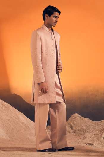 Philocaly Pink Silk, Satin Rosh Embroidered Jacket With Kurta at Aza Fashions Philocaly_Pink Silk, Satin Rosh Embroidered Jacket With Kurta _at_Aza_Fashions