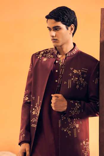 Philocaly Wine Silk, Satin Zivan Embroidered Jacket And Kurta Set Online at Aza Fashions Philocaly_Wine Silk, Satin Zivan Embroidered Jacket And Kurta Set _Online_at_Aza_Fashions