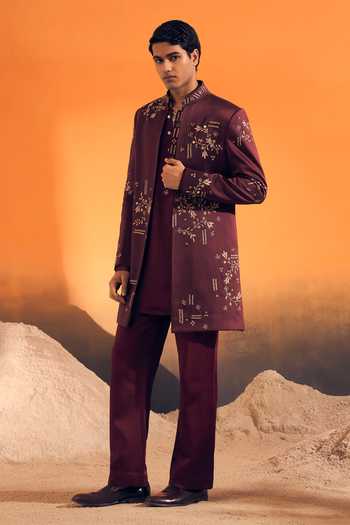 Buy Philocaly Wine Silk, Satin Zivan Embroidered Jacket And Kurta Set Online at Aza Fashions Buy_Philocaly_Wine Silk, Satin Zivan Embroidered Jacket And Kurta Set _Online_at_Aza_Fashions