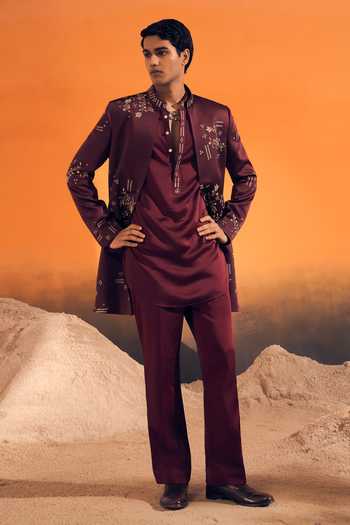Shop Philocaly Wine Silk, Satin Zivan Embroidered Jacket And Kurta Set Online at Aza Fashions Shop_Philocaly_Wine Silk, Satin Zivan Embroidered Jacket And Kurta Set _Online_at_Aza_Fashions