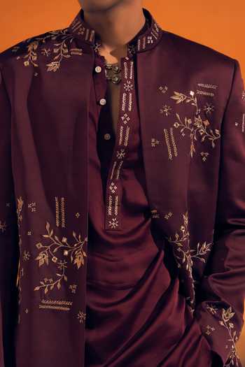 Philocaly Wine Silk, Satin Zivan Embroidered Jacket And Kurta Set at Aza Fashions Philocaly_Wine Silk, Satin Zivan Embroidered Jacket And Kurta Set _at_Aza_Fashions