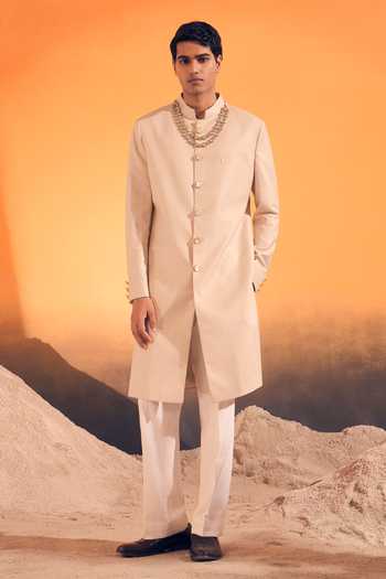 Philocaly Ivory Silk, Cotton, Linen Taana Embroidered Sherwani With Stole Online at Aza Fashions Philocaly_Ivory Silk, Cotton, Linen Taana Embroidered Sherwani With Stole _Online_at_Aza_Fashions