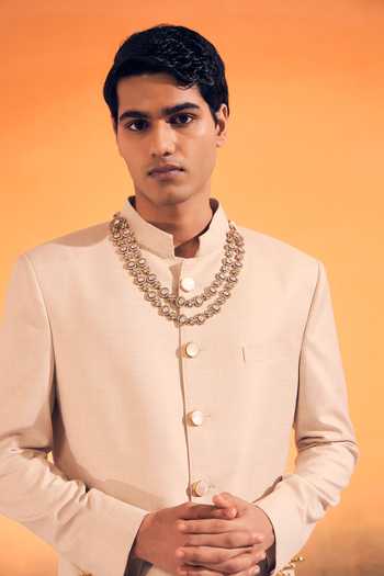 Shop Philocaly Ivory Silk, Cotton, Linen Taana Embroidered Sherwani With Stole Online at Aza Fashions Shop_Philocaly_Ivory Silk, Cotton, Linen Taana Embroidered Sherwani With Stole _Online_at_Aza_Fashions