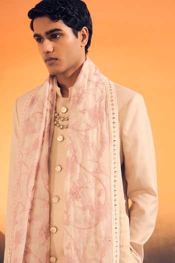 Philocaly Ivory Silk, Cotton, Linen Taana Embroidered Sherwani With Stole at Aza Fashions Philocaly_Ivory Silk, Cotton, Linen Taana Embroidered Sherwani With Stole _at_Aza_Fashions