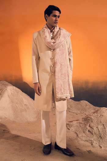 Buy Philocaly Ivory Silk, Cotton, Linen Taana Embroidered Sherwani With Stole Buy_Philocaly_Ivory Silk, Cotton, Linen Taana Embroidered Sherwani With Stole