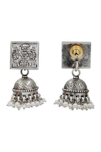 Shop Sangeeta Boochra Silver Plated Statement Oxidised Jhumka Earrings at Aza Fashions Shop_Sangeeta Boochra_Silver Plated Statement Oxidised Jhumka Earrings _at_Aza_Fashions