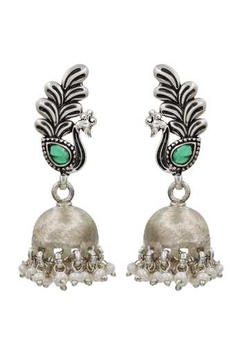 Sangeeta Boochra Green Peacock Charm Oxidised Silver Earrings Online at Aza Fashions Sangeeta Boochra_Green Peacock Charm Oxidised Silver Earrings _Online_at_Aza_Fashions