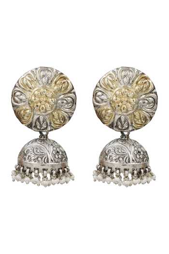 Sangeeta Boochra_Gold Plated Dual Tone Floral Jhumka Earrings _Online_at_Aza_Fashions