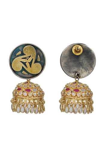 Shop Sangeeta Boochra Gold Plated Artisan Dual Tone Statement Earrings at Aza Fashions Shop_Sangeeta Boochra_Gold Plated Artisan Dual Tone Statement Earrings _at_Aza_Fashions