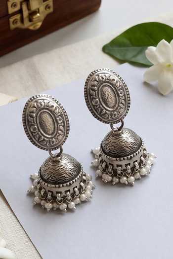 Sangeeta Boochra Oxidised Silver Pearl Jhumka Earrings 