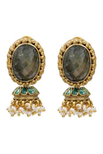 Sangeeta Boochra Gold Plated Labradorite Stone And Pearl Jhumka Earrings Online at Aza Fashions Sangeeta Boochra_Gold Plated Labradorite Stone And Pearl Jhumka Earrings _Online_at_Aza_Fashions