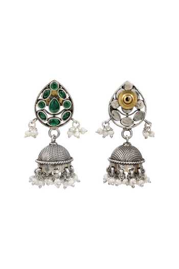 Sangeeta Boochra Stone & Pearl Silver Jhumka Earrings