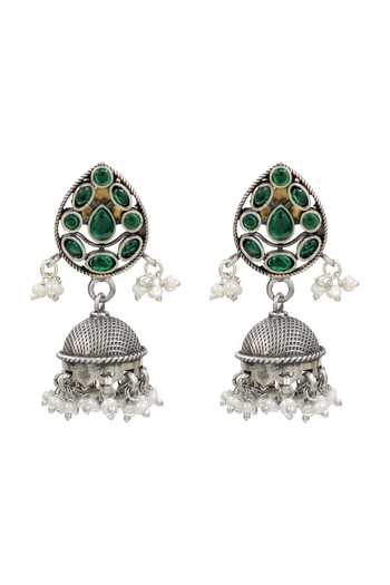 Sangeeta Boochra Green Stone And Pearl Silver Jhumka Earrings Online at Aza Fashions Sangeeta Boochra_Green Stone And Pearl Silver Jhumka Earrings _Online_at_Aza_Fashions