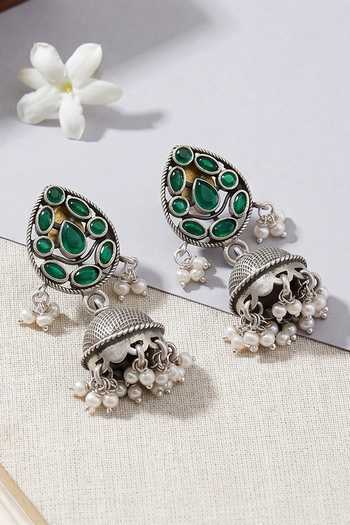 Sangeeta Boochra Stone & Pearl Silver Jhumka Earrings