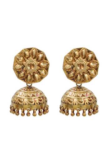 Sangeeta Boochra_Gold Plated Floral Motif Jhumka Earrings _Online_at_Aza_Fashions