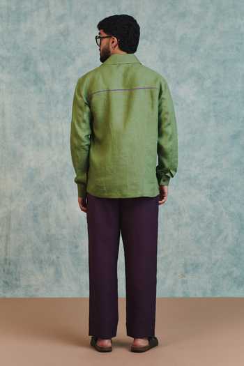 Saphed Moss Linen Embroidered Overshirt 
