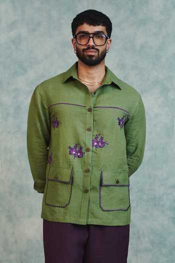 Saphed Moss Linen Embroidered Overshirt 