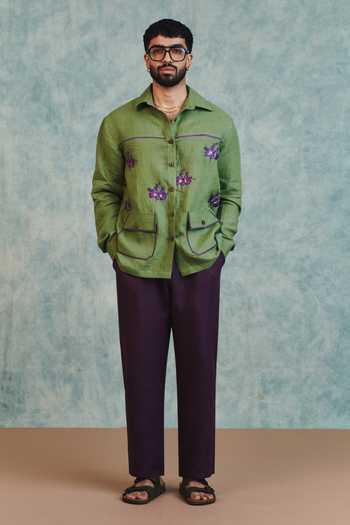 Saphed_Green Linen Moss Embroidered Overshirt _Online_at_Aza_Fashions