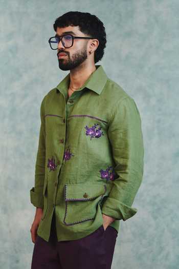 Buy_Saphed_Green Linen Moss Embroidered Overshirt _Online_at_Aza_Fashions