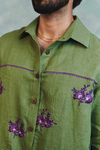 Shop_Saphed_Green Linen Moss Embroidered Overshirt _Online_at_Aza_Fashions