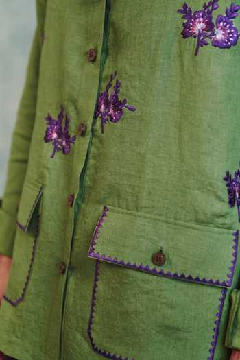 Saphed_Green Linen Moss Embroidered Overshirt _at_Aza_Fashions