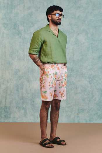 Saphed_Green Linen Moss Popover Shirt _Online_at_Aza_Fashions
