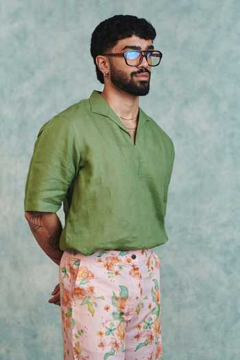 Buy_Saphed_Green Linen Moss Popover Shirt _Online_at_Aza_Fashions