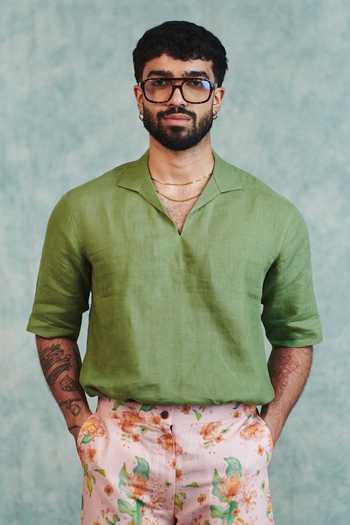 Shop_Saphed_Green Linen Moss Popover Shirt _Online_at_Aza_Fashions