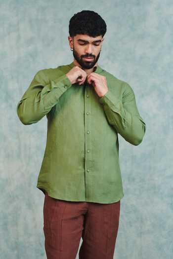 Saphed Moss Linen Band Collar Shirt 