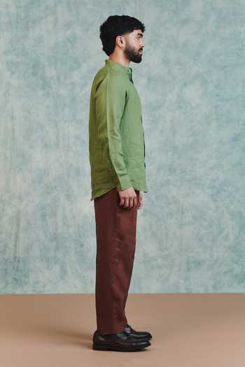 Saphed_Green Linen Moss Band Collar Shirt _Online_at_Aza_Fashions