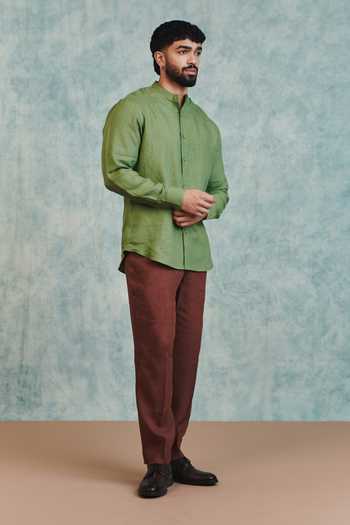 Buy_Saphed_Green Linen Moss Band Collar Shirt 