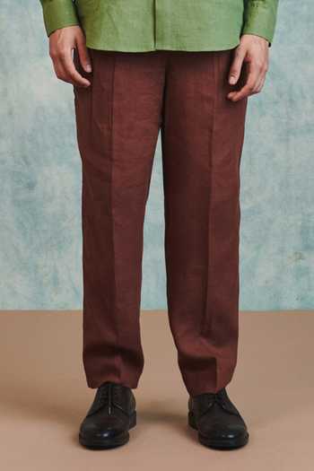 Saphed_Brown Linen Pleated Tapered Pant _Online_at_Aza_Fashions