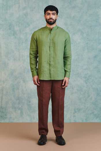 Shop_Saphed_Brown Linen Pleated Tapered Pant _Online_at_Aza_Fashions