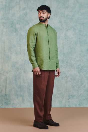Saphed_Brown Linen Pleated Tapered Pant _at_Aza_Fashions